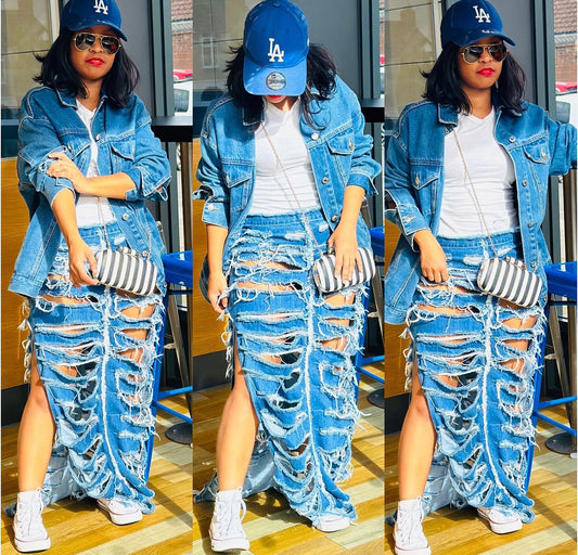 Ripped Blue Denim Skirt